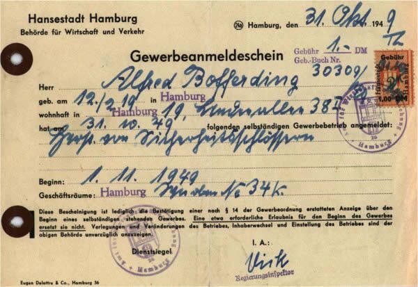 Gewerbeschein - November 1949: Gründung des Unternehmens durch Alfred Bofferding Montage und Reparatur von Schlössern, Schließzylindern und Türschließern